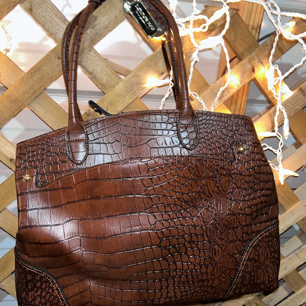 London Fog Rich Brown Crocodile-Pattern Tote